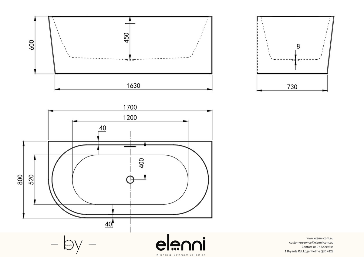 Right Corner 1700 Gloss White Bath with Overflow - Elenni specification drawing