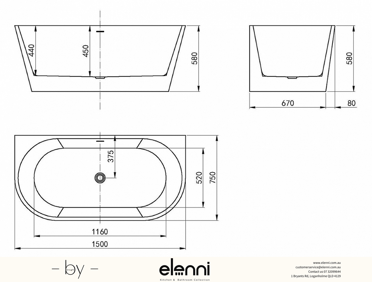 Verona 1500 Gloss White Back to Wall Bath with Overflow - Elenni specification drawing