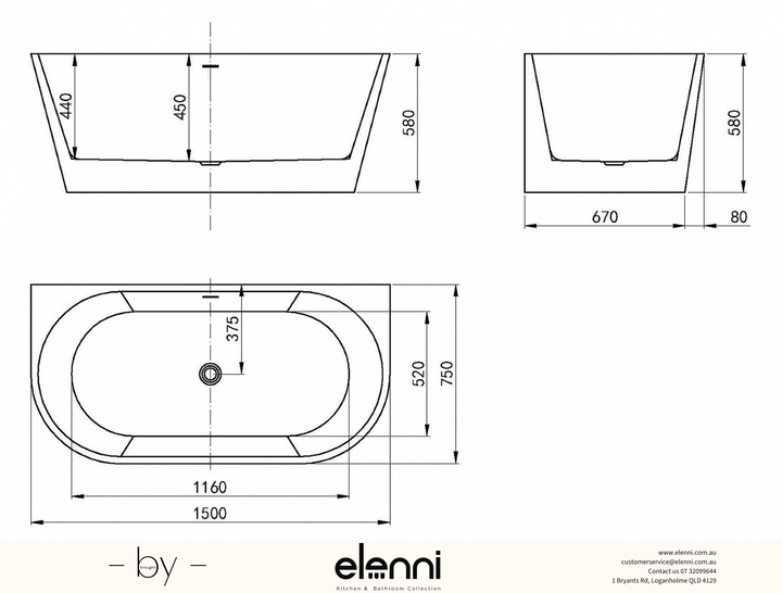 Verona 1500 Gloss White Back to Wall Bath with Overflow - Elenni specification drawing