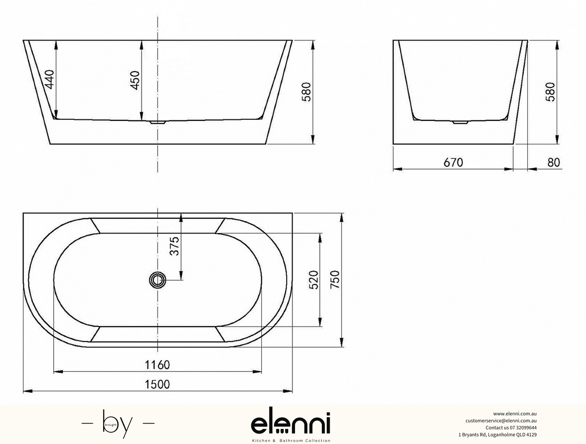 Verona 1500 Matte White Back to Wall Bath with Overflow - Elenni specification drawing