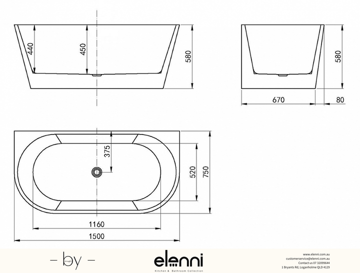 Verona 1500 Matte White Back to Wall Bath with Overflow - Elenni specification drawing