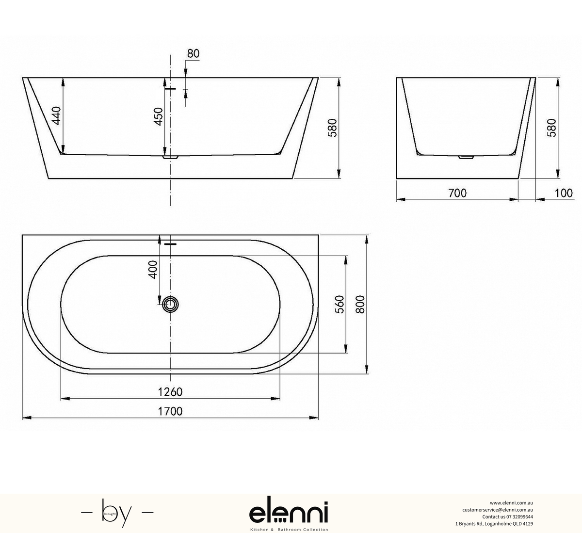 Verona 1700 Gloss White Back to Wall Bath with Overflow - Elenni specification drawing
