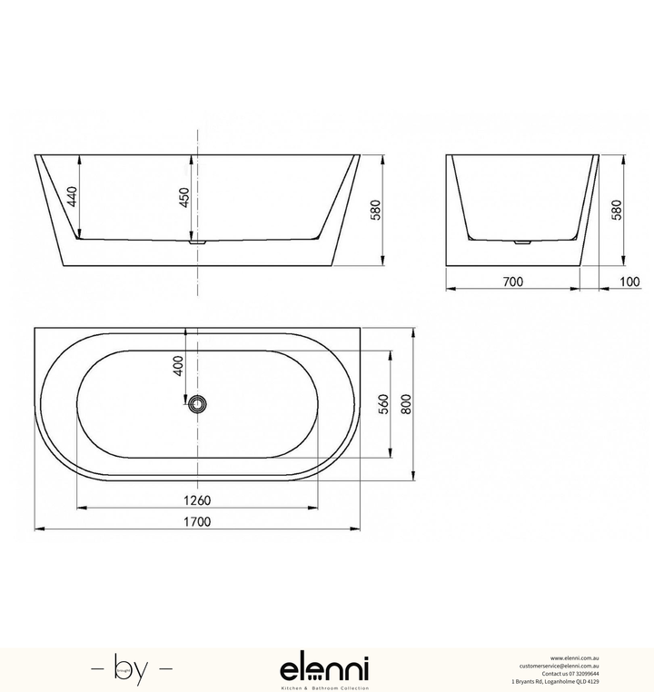 Verona 1700 Matte White Back to Wall Bath with Overflow - Elenni specification drawing