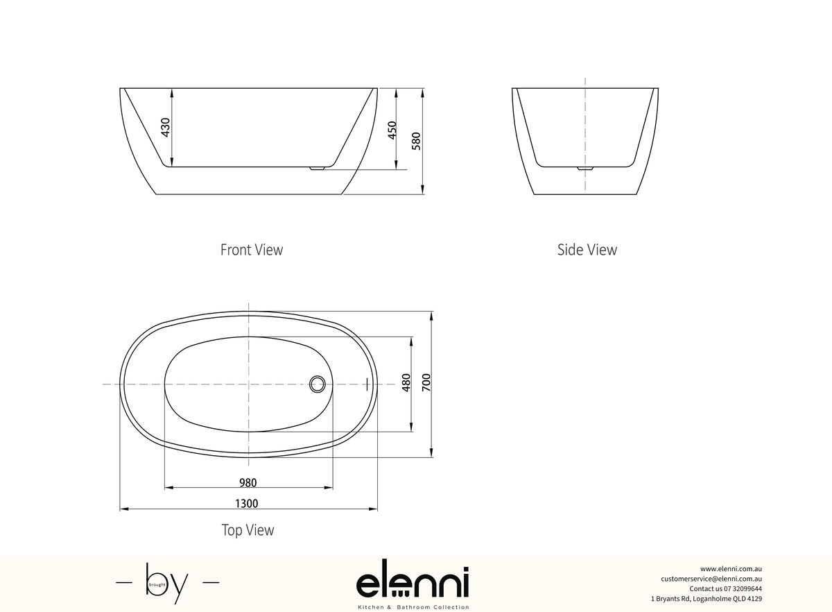 Vinny 1300 Gloss White Freestanding Bath with Overflow - Elenni specification drawing