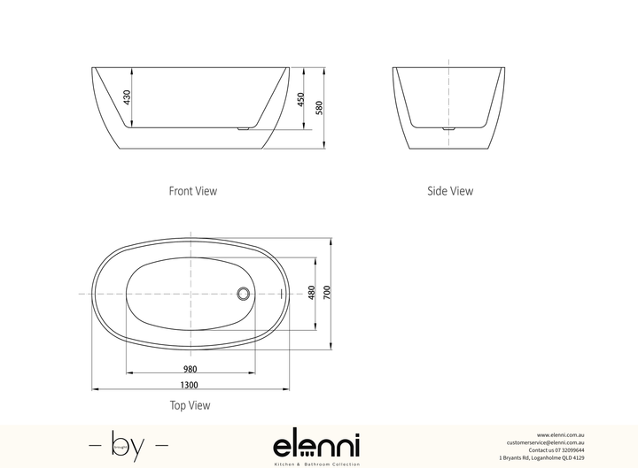 Vinny 1300 Gloss White Freestanding Bath with Overflow - Elenni specification drawing