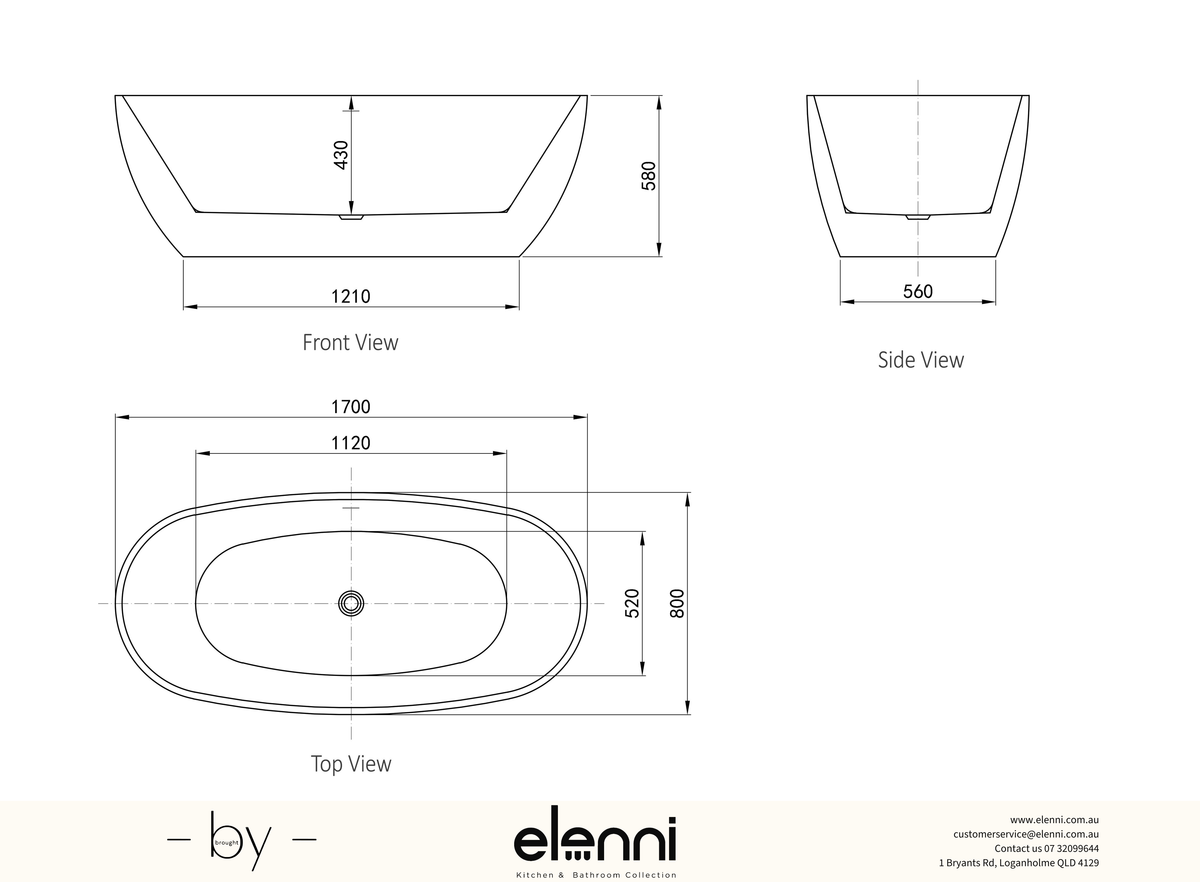 Vinny 1700 Matte White Freestanding Bath with Overflow - Elenni specification drawing