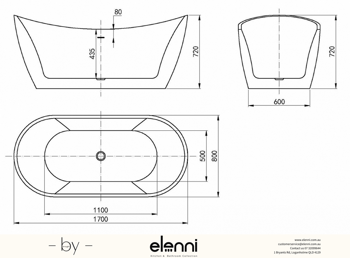 Viva 1700 Gloss White High Back Freestanding Bath with Overflow - Elenni specification drawing