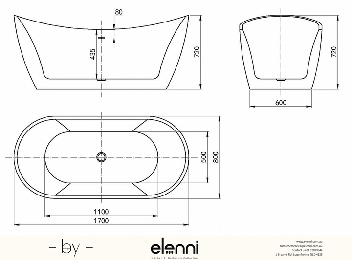 Viva 1700 Gloss White High Back Freestanding Bath with Overflow - Elenni specification drawing