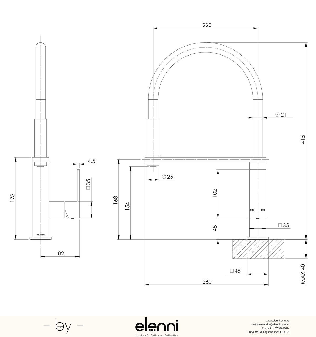 Vezz Flexible Hose Sink Mixer 220mm Squareline - Lead Free - Elenni specification drawing