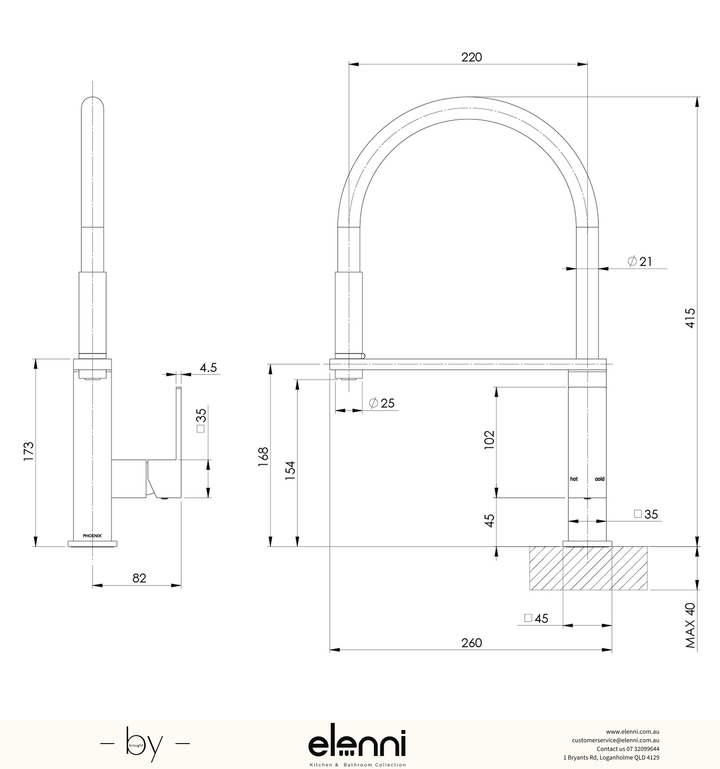 Vezz Flexible Hose Sink Mixer 220mm Squareline - Lead Free - Elenni specification drawing