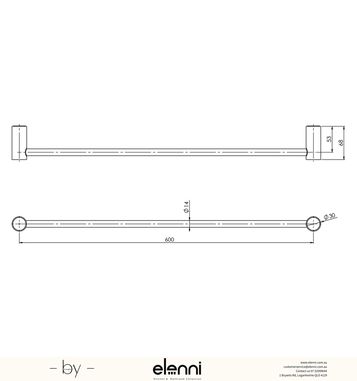 Vivid Slimline Single Towel Rail 600mm - Elenni specification drawing