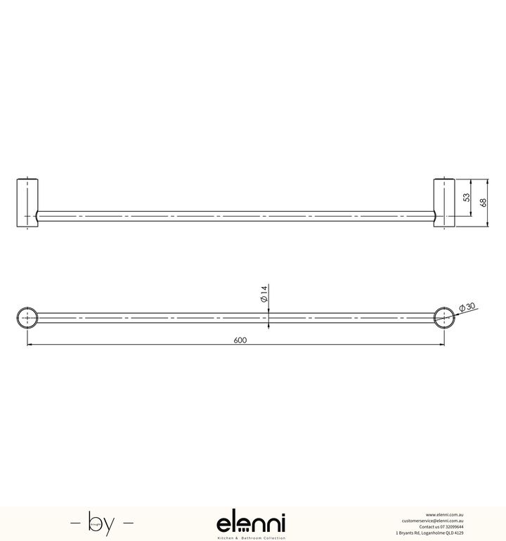 Vivid Slimline Single Towel Rail 600mm - Elenni specification drawing