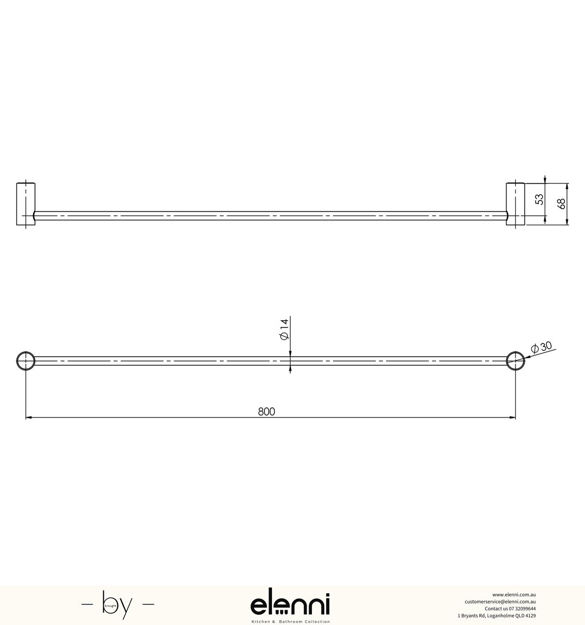 Vivid Slimline Single Towel Rail 800mm - Elenni specification drawing