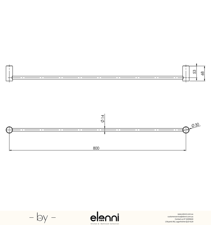 Vivid Slimline Single Towel Rail 800mm - Elenni specification drawing