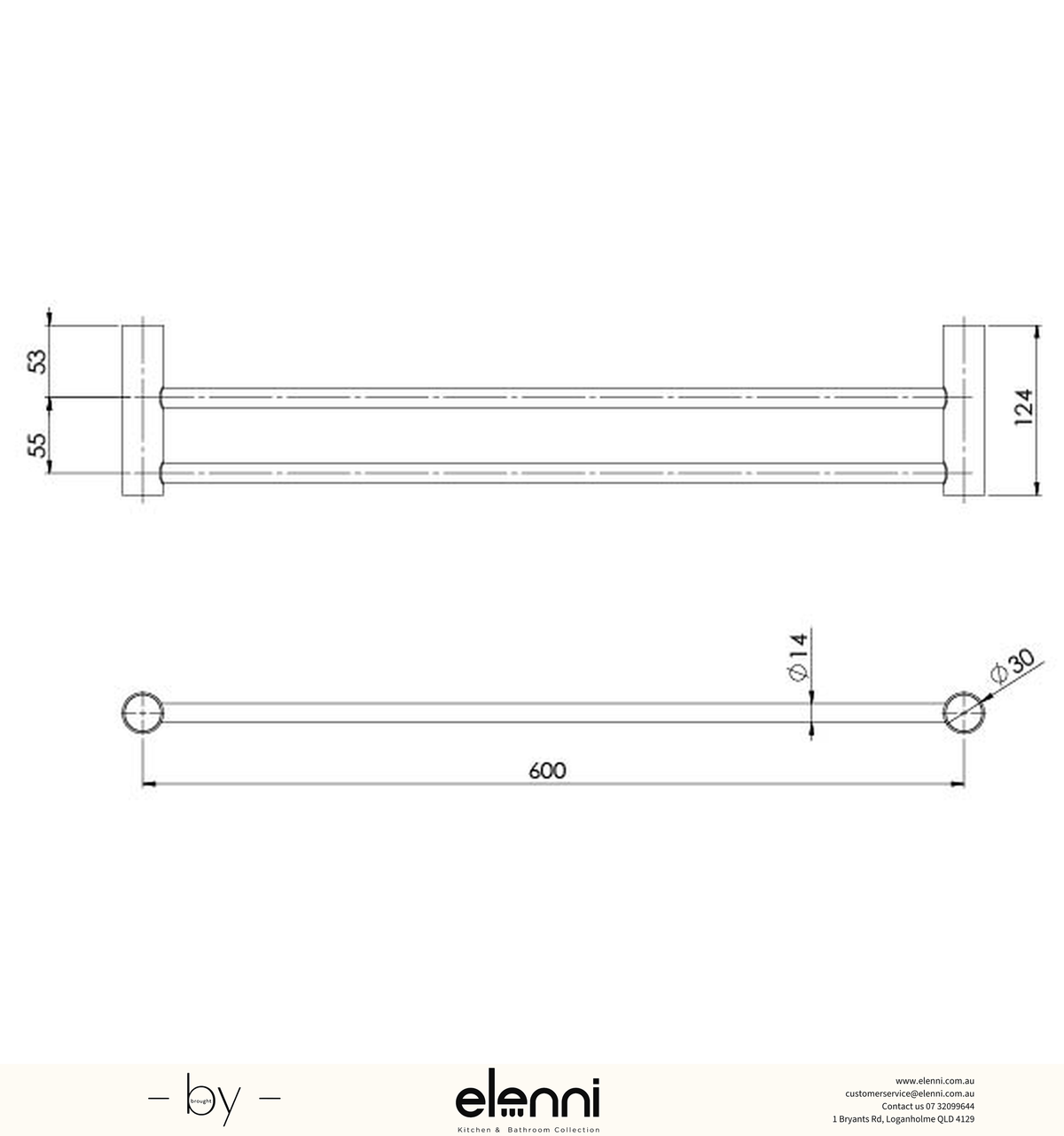 Vivid Slimline Double Towel Rail 600mm - Elenni specification drawing