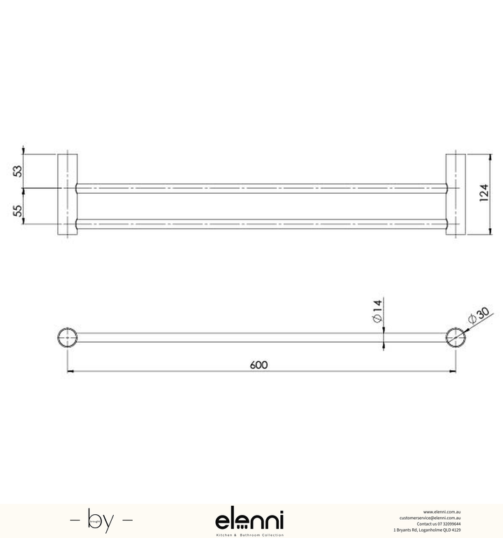 Vivid Slimline Double Towel Rail 600mm - Elenni specification drawing