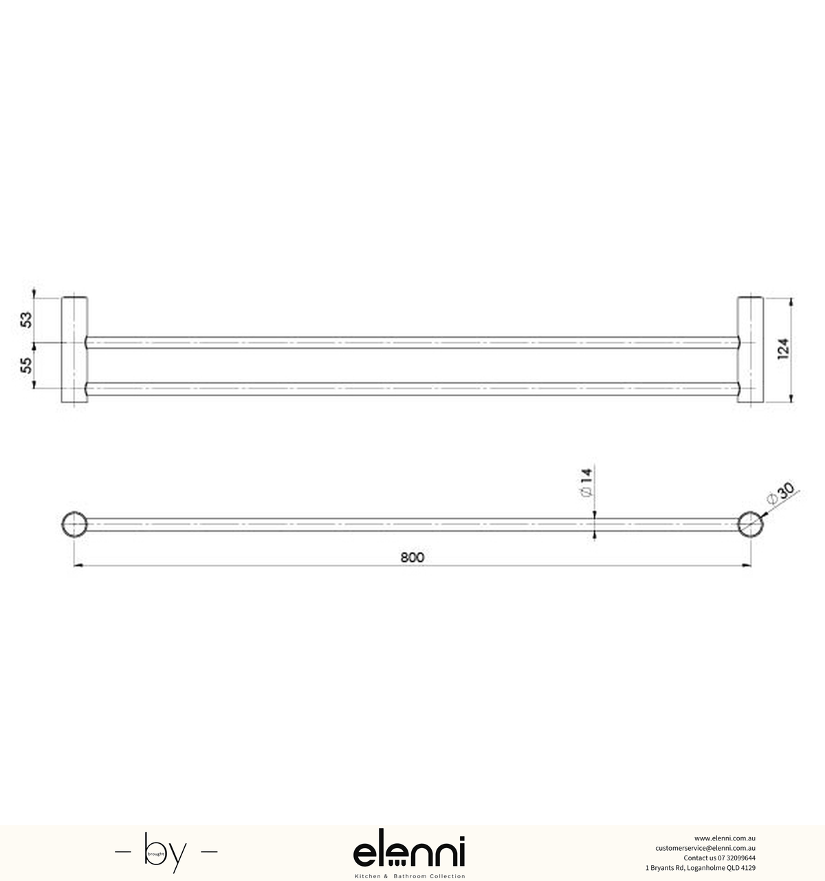 Vivid Slimline Double Towel Rail 800mm - Elenni specification drawing