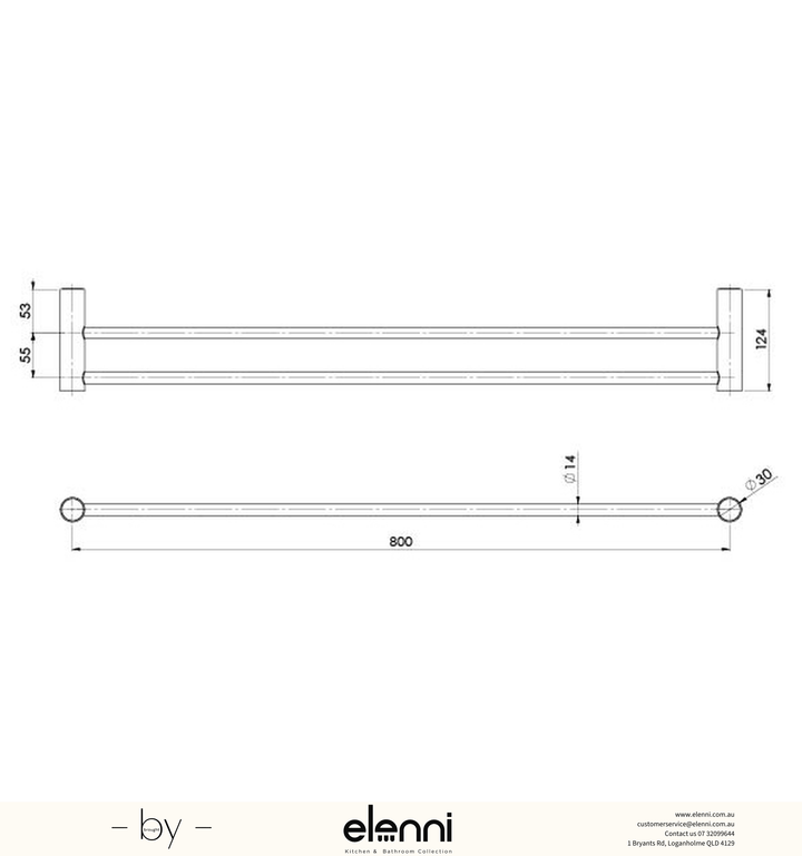 Vivid Slimline Double Towel Rail 800mm - Elenni specification drawing