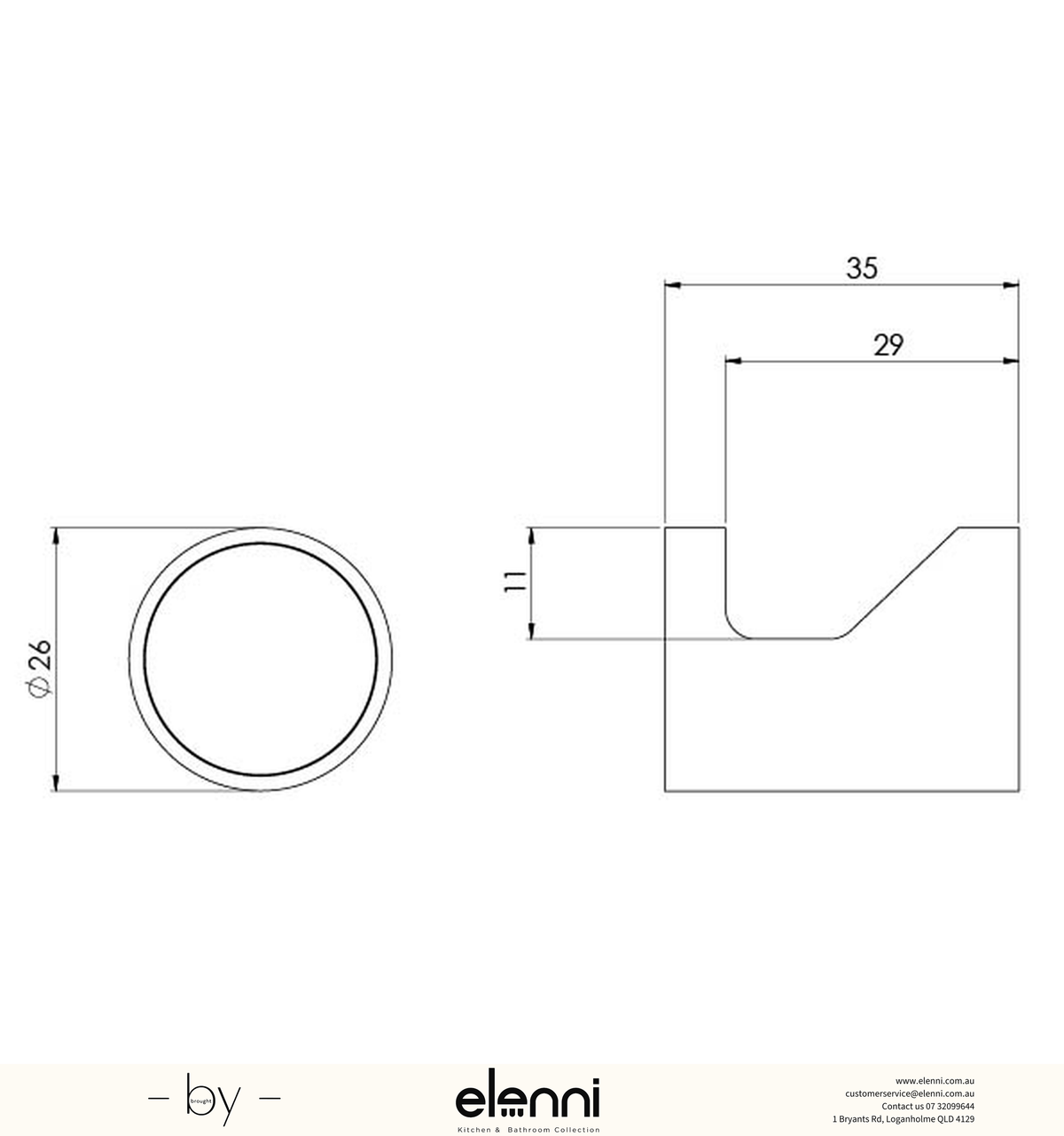 Vivid Slimline Robe Hook - Elenni specification drawing