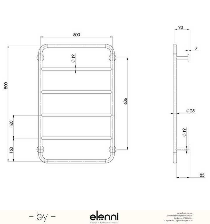 Vivid Slimline Towel Ladder 800 X 500mm - Elenni specification drawing