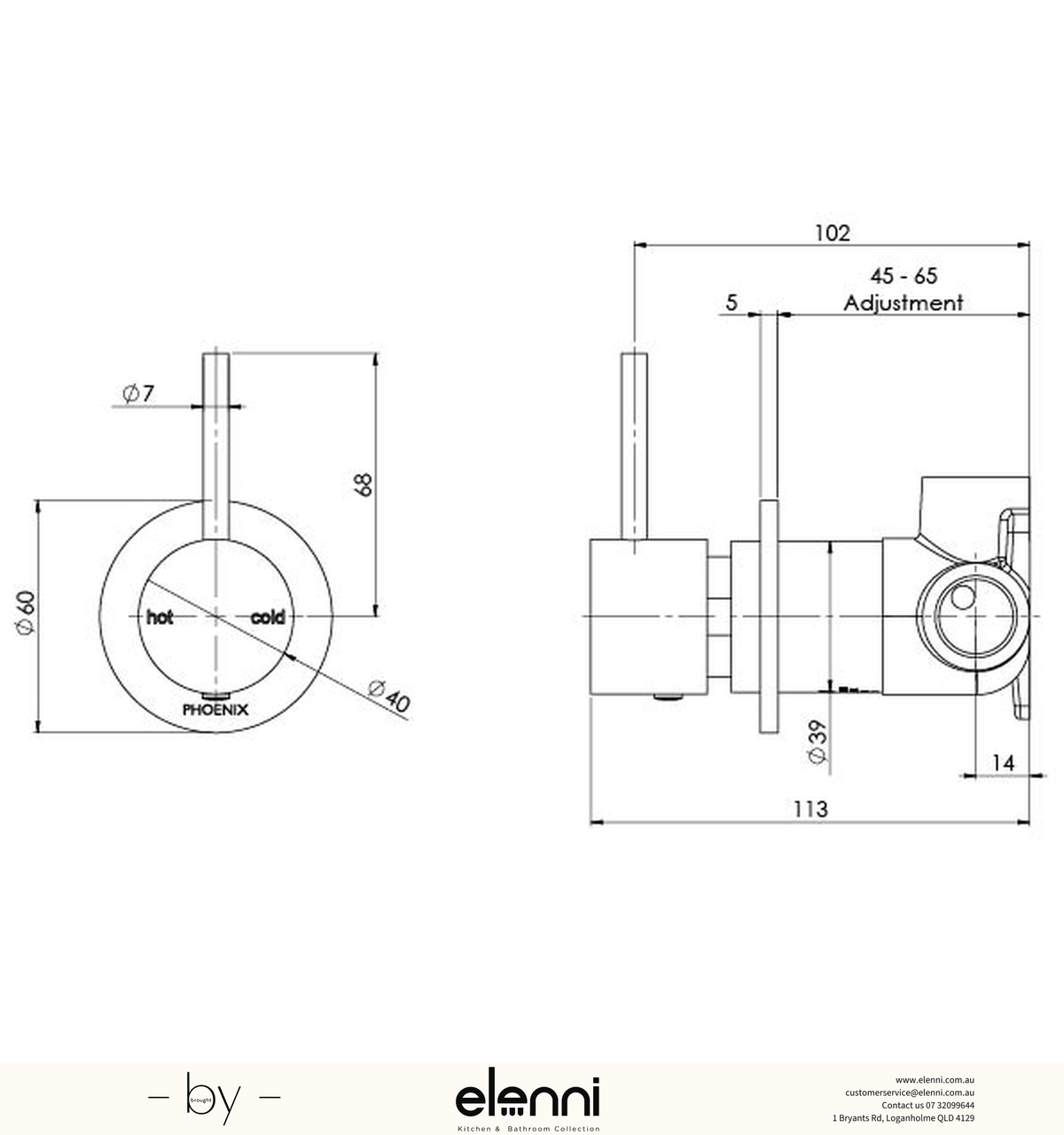 Vivid Slimline Up Shower / Wall Mixer - Lead Free - Elenni specification drawing
