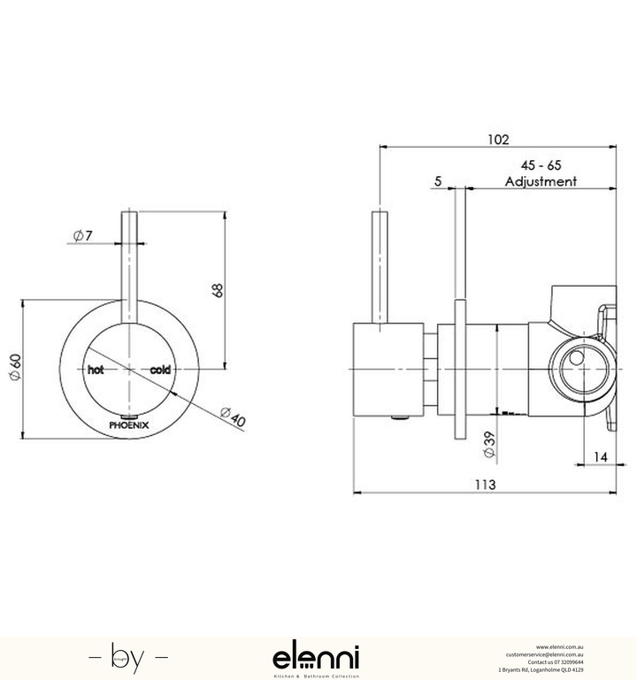 Vivid Slimline Up Shower / Wall Mixer - Lead Free - Elenni specification drawing