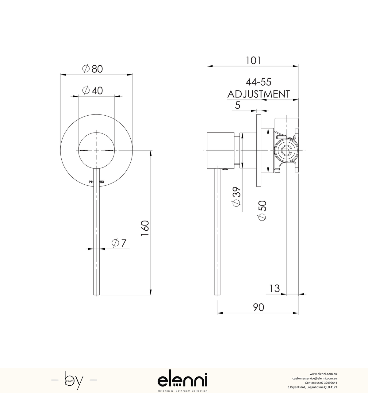 Vivid Slimline SwitchMix Shower / Wall Mixer with Extended Lever (Complete Kit) - Elenni specification drawing