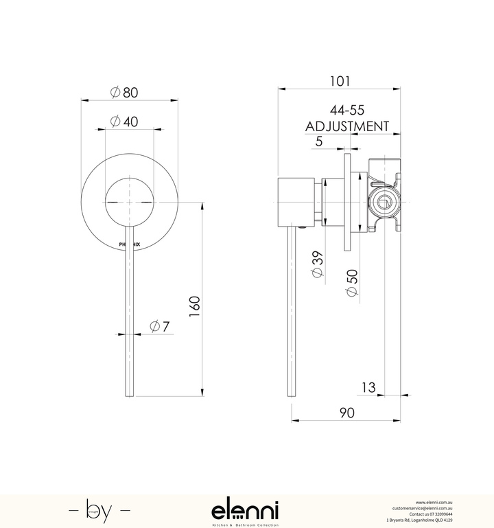 Vivid Slimline SwitchMix Shower / Wall Mixer with Extended Lever (Complete Kit) - Elenni specification drawing