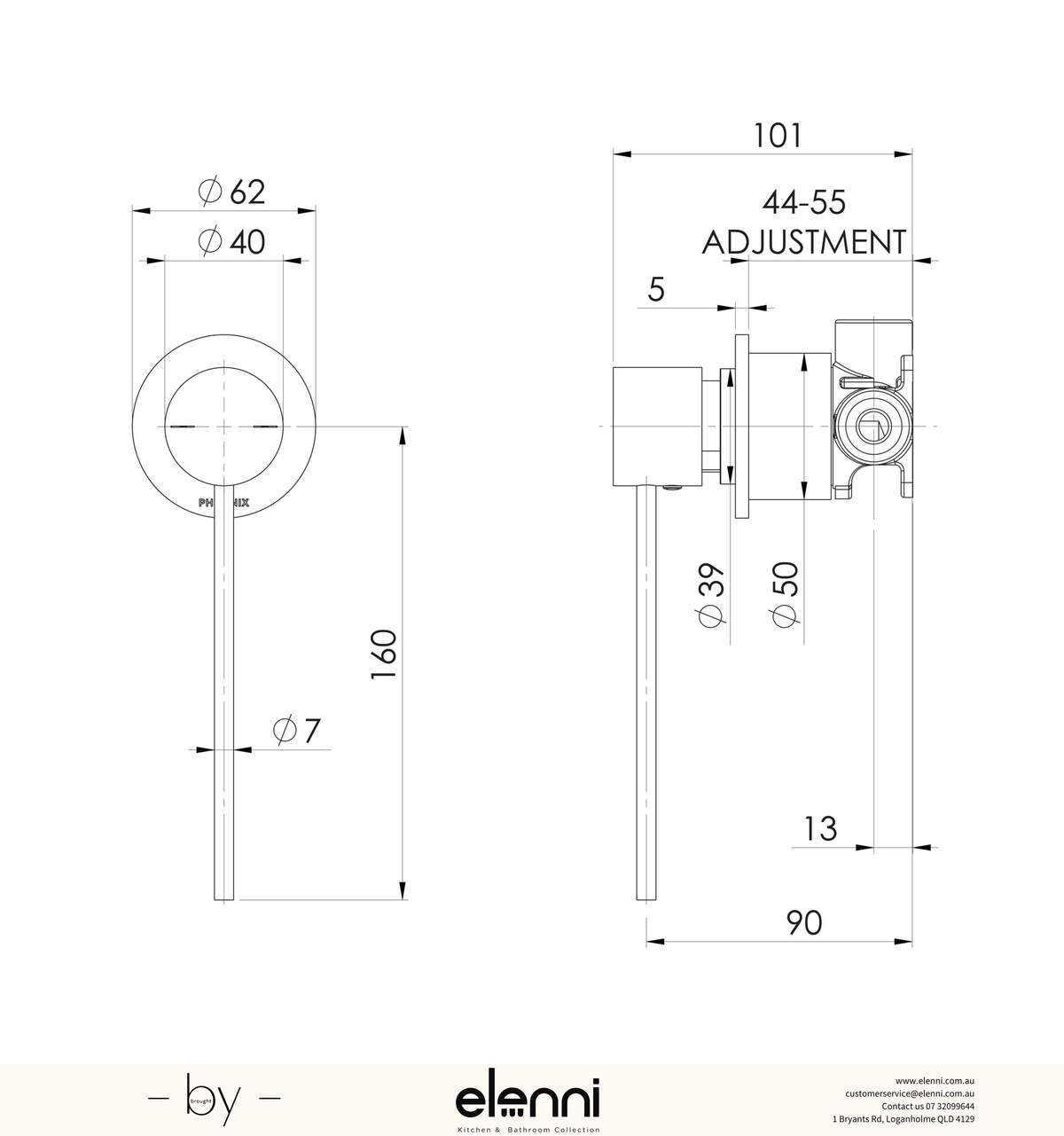 Vivid Slimline SwitchMix Shower / Wall Mixer 60mm Backplate and Extended Lever (Complete Kit) - Elenni specification drawing