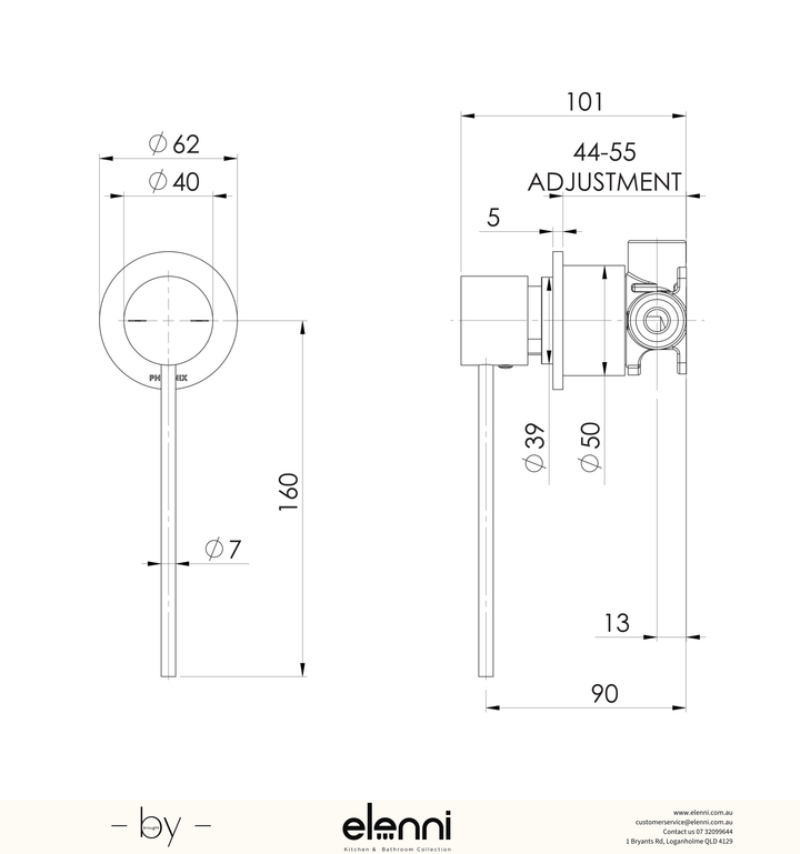 Vivid Slimline SwitchMix Shower / Wall Mixer 60mm Backplate and Extended Lever (Complete Kit) - Elenni specification drawing