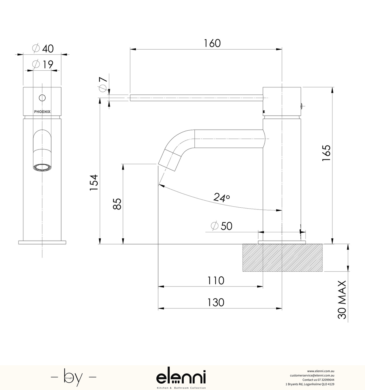 Vivid Slimline Basin Mixer Curved Outlet with Extended Lever - Lead Free - Elenni specification drawing