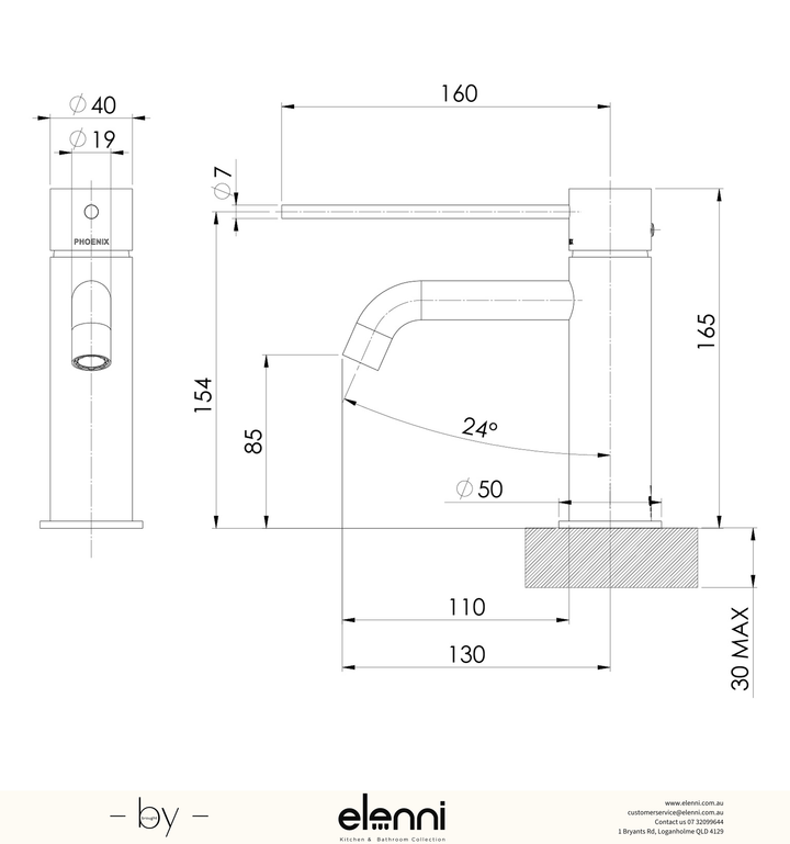 Vivid Slimline Basin Mixer Curved Outlet with Extended Lever - Lead Free - Elenni specification drawing