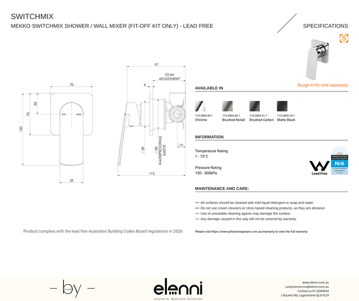 Mekko SwitchMix Shower / Wall Mixer (Fit-Off Kit Only) - Elenni specification drawing