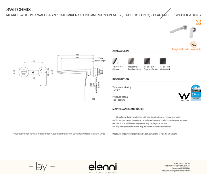 Mekko SwitchMix Wall Basin / Bath Mixer Set 200mm Round Plates (Fit-Off Kit Only) - Elenni specification drawing