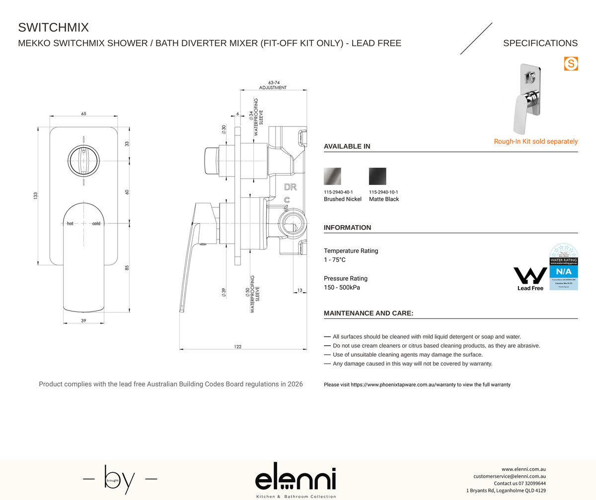 Mekko SwitchMix Shower / Bath Diverter Mixer (Fit-Off Kit Only) - Elenni specification drawing