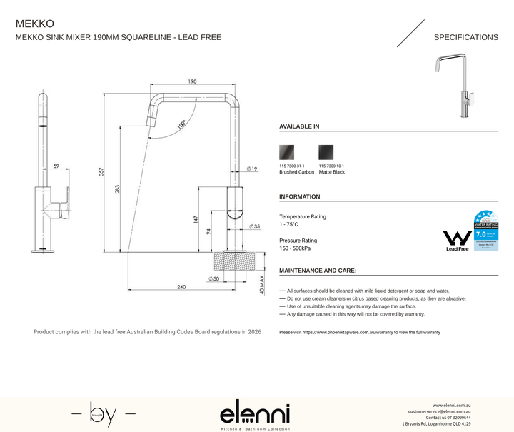 Mekko Sink Mixer 190mm Squareline - Elenni specification drawing