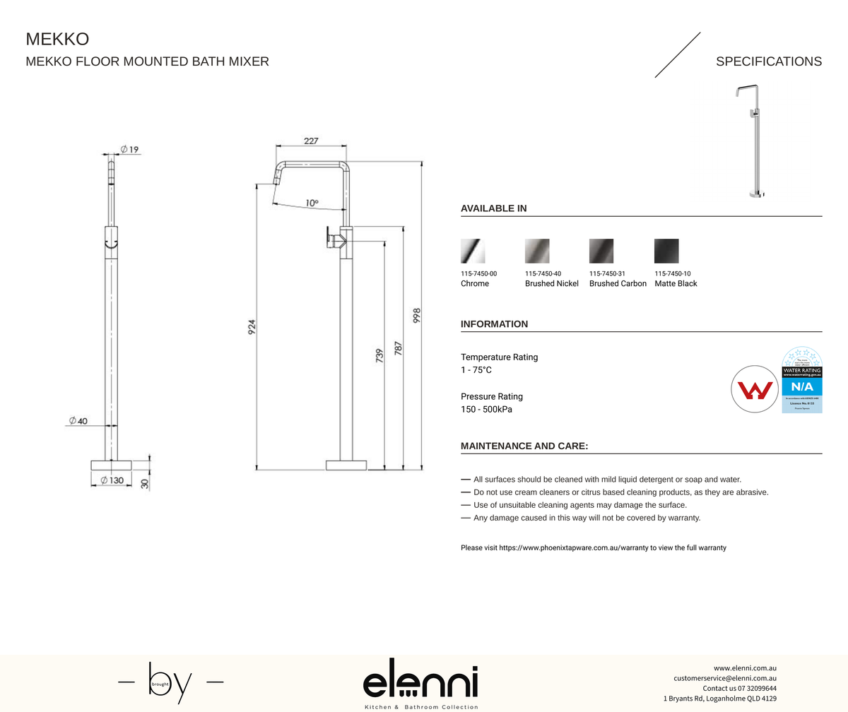 Mekko Floor Mounted Bath Mixer - Elenni specification drawing