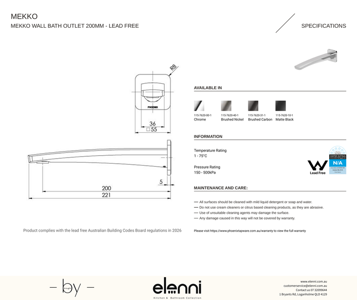 Mekko Wall Bath Outlet 200mm - Elenni specification drawing