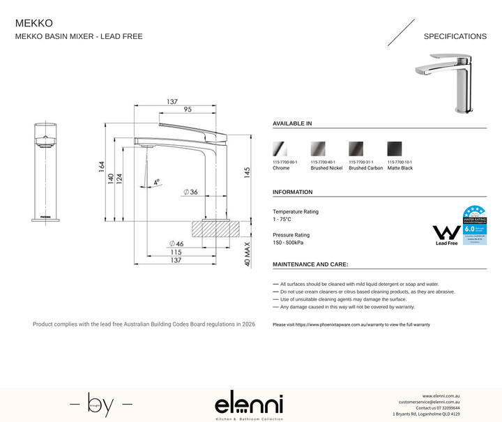 Mekko Basin Mixer - Elenni specification drawing