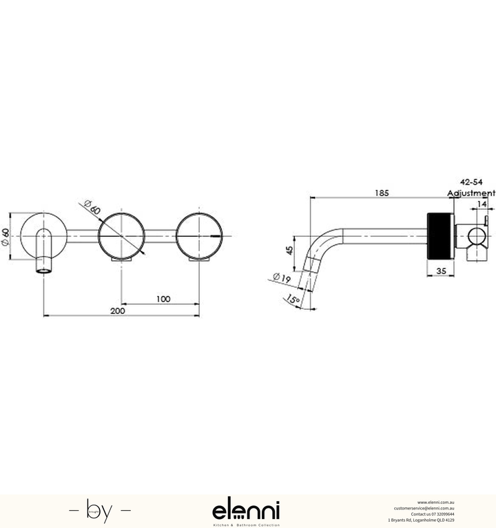 Axia Wall Basin/Bath Mixer Curved Outlet Hostess Set - Elenni specification drawing