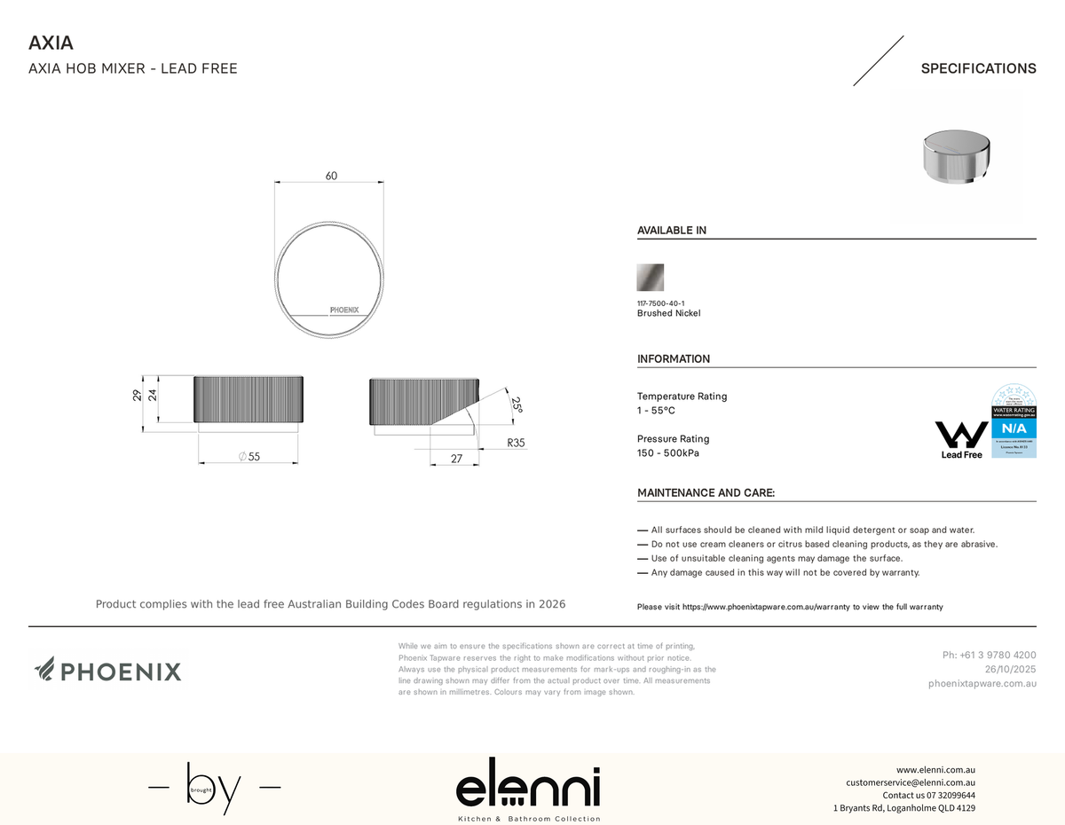 Axia Hob Mixer - Elenni specification drawing