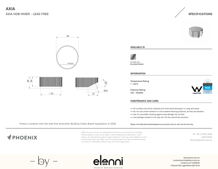 Axia Hob Mixer - Elenni specification drawing