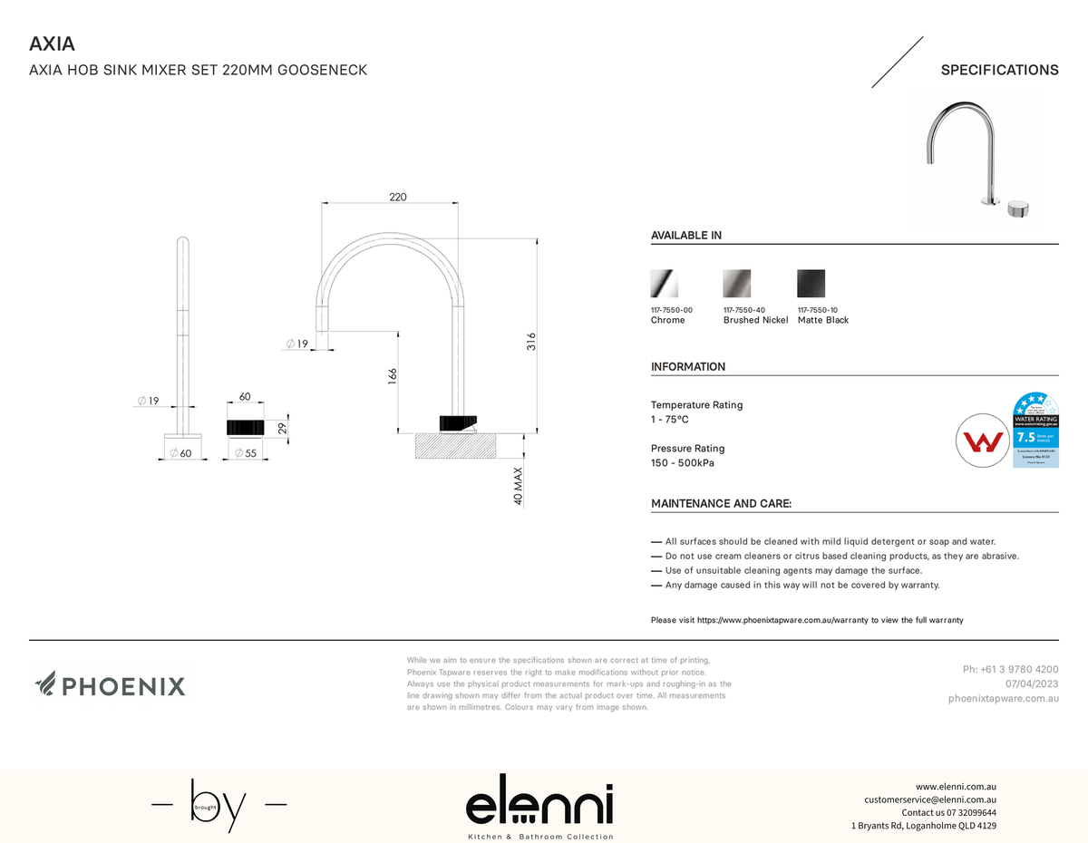 Axia Hob Sink Mixer Set 220mm Gooseneck - Elenni specification drawing