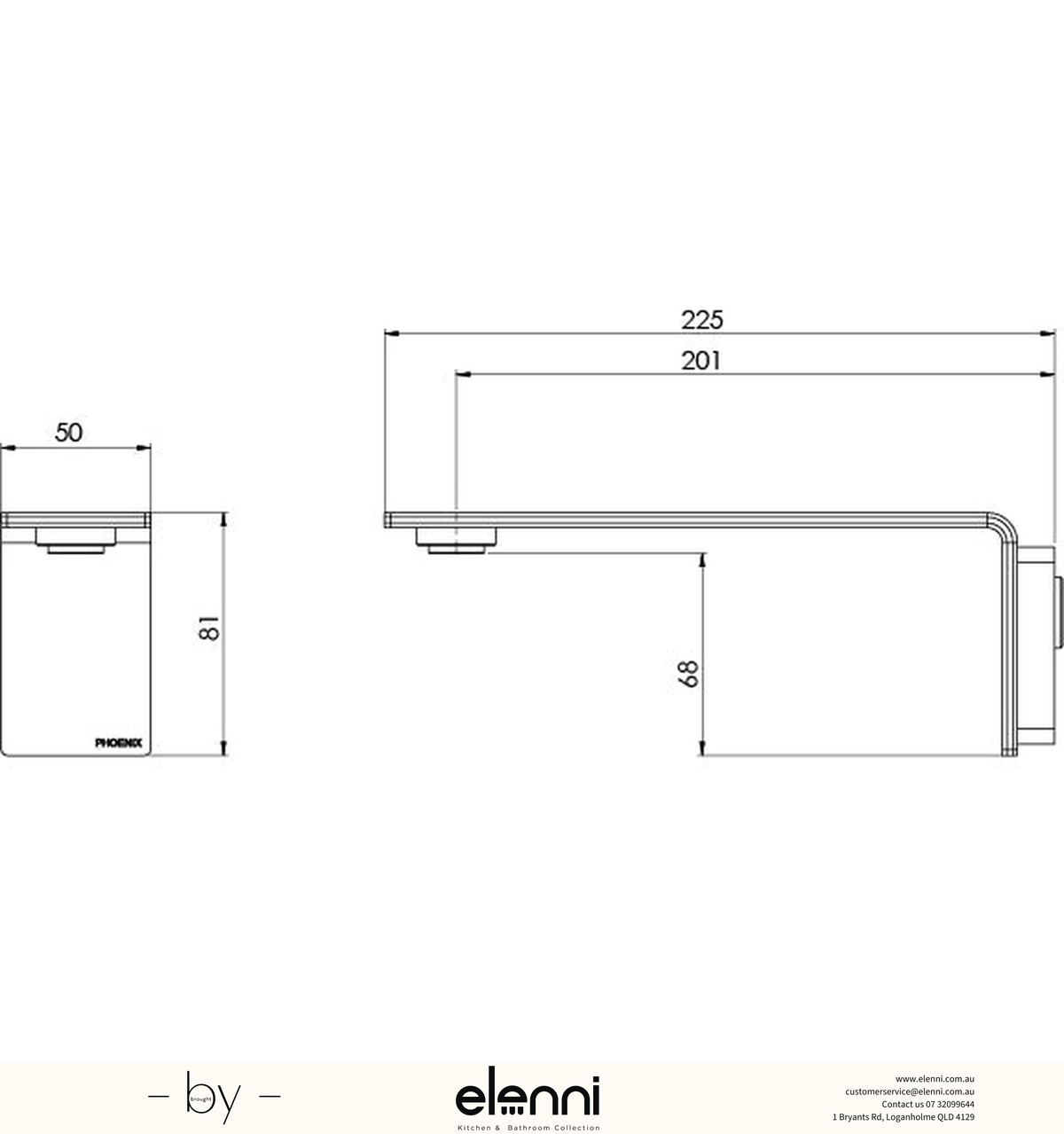 Axia Wall Basin / Bath Outlet 200mm - Elenni specification drawing