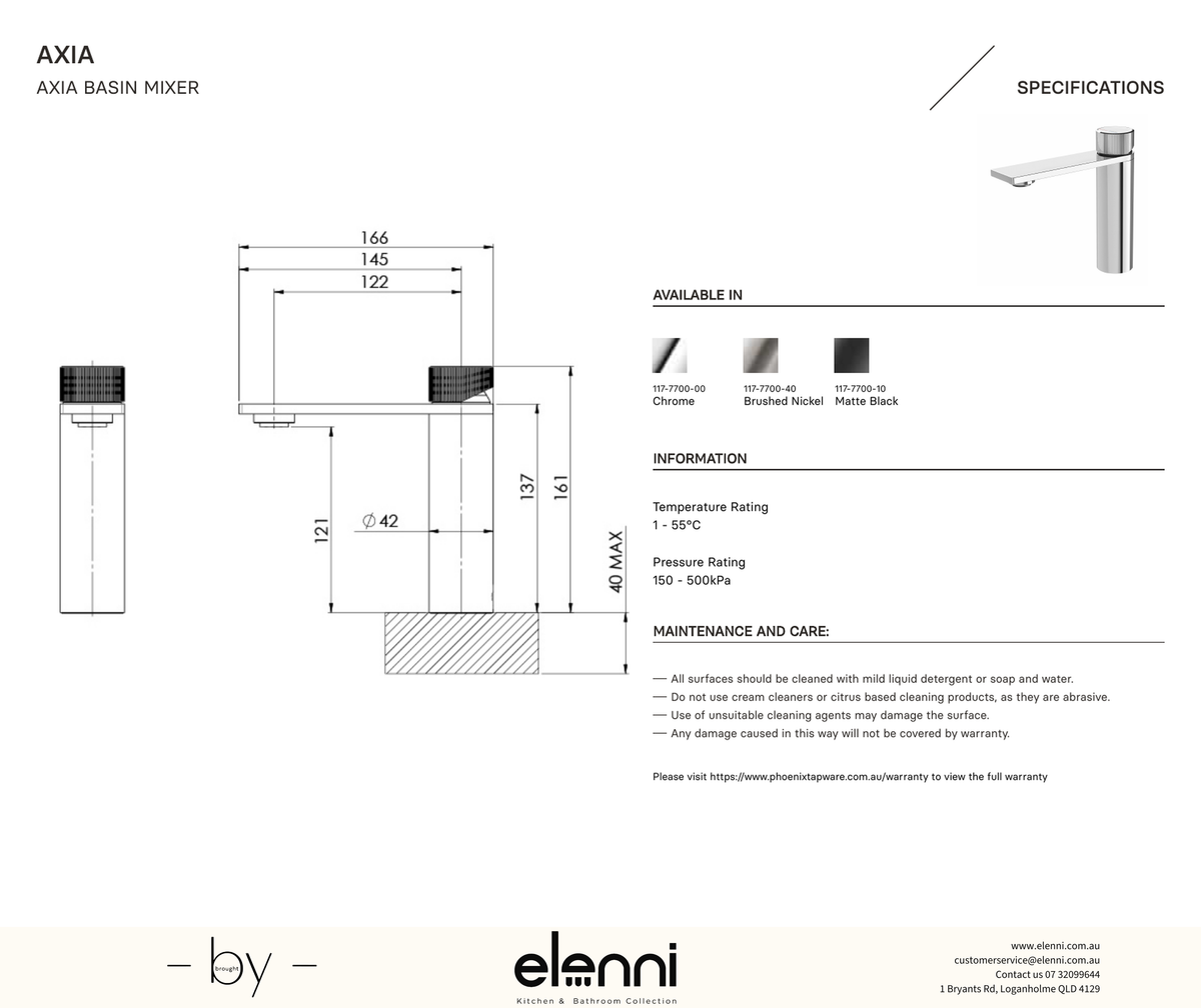 Axia Basin Mixer - Elenni specification drawing