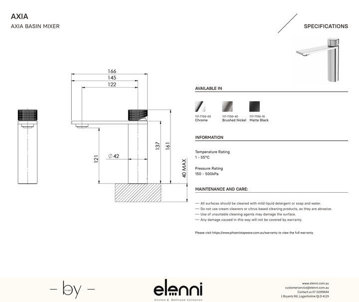 Axia Basin Mixer - Elenni specification drawing