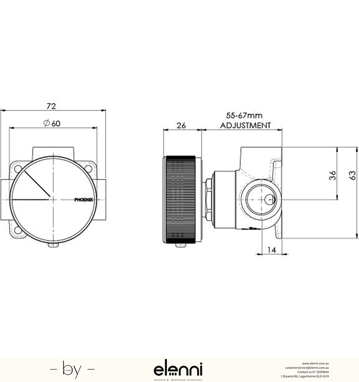 Axia Shower/Wall Mixer - Lead Free - Elenni specification drawing