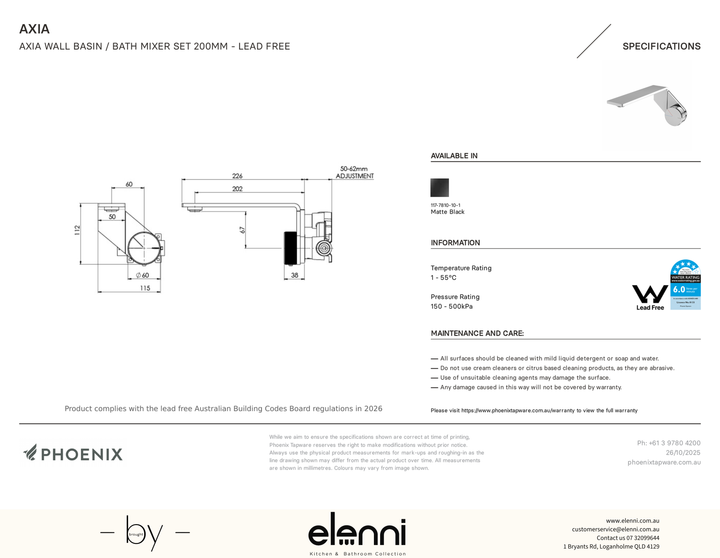 Axia Wall Basin/Bath Mixer Set 200mm - Elenni specification drawing