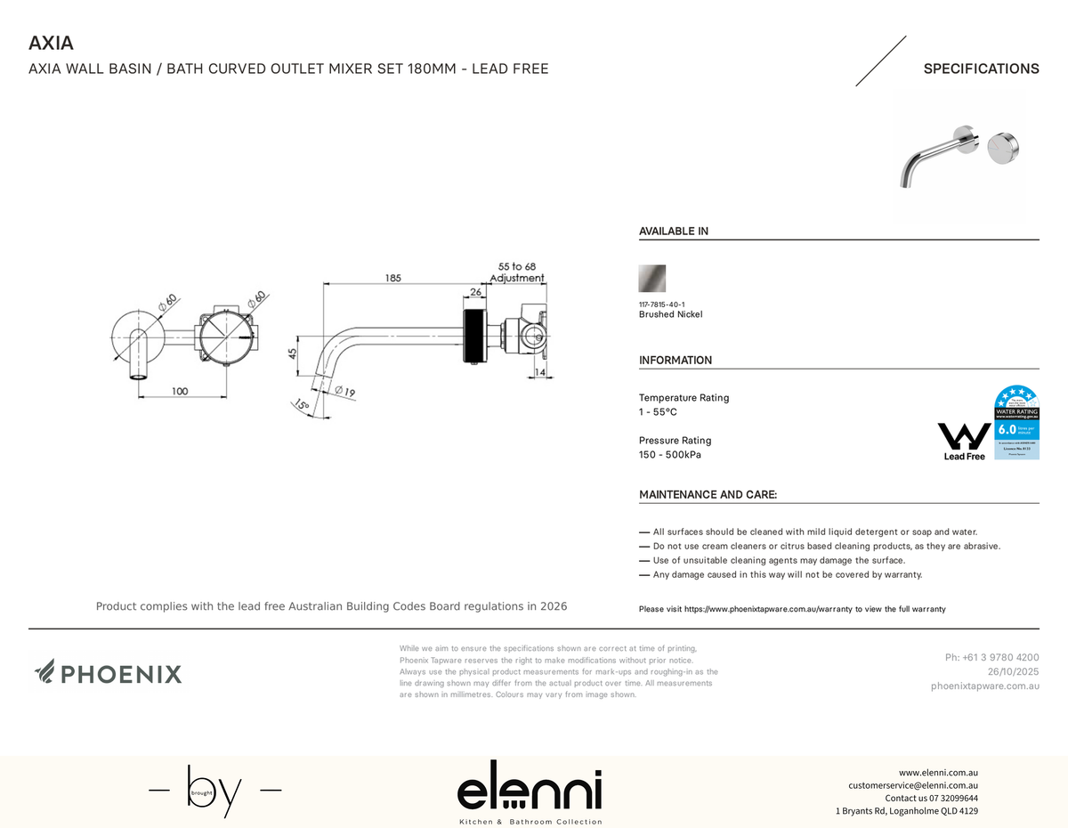 Axia Wall Basin/Bath Curved Outlet Mixer Set 180mm - Elenni specification drawing