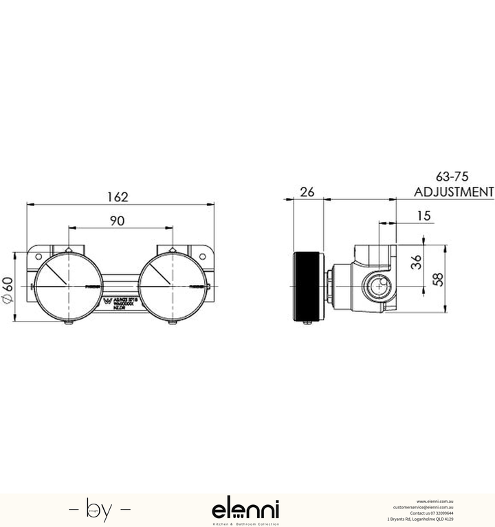 Axia Twin Shower/Wall Mixer - Elenni specification drawing